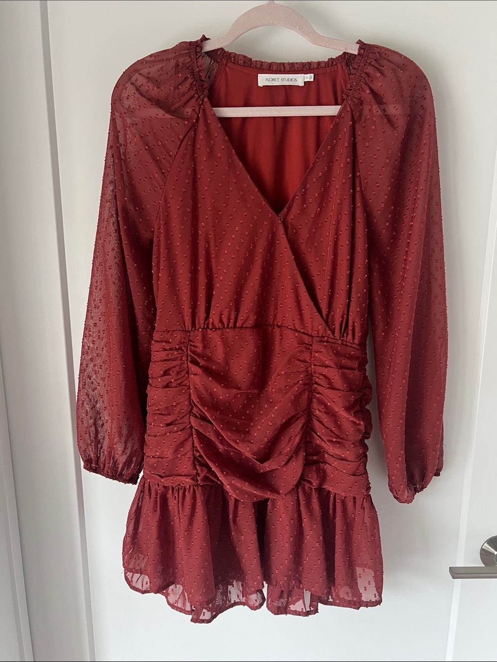 Smythe Rust Red Textured Wrap-Style Long Sleeve Mini